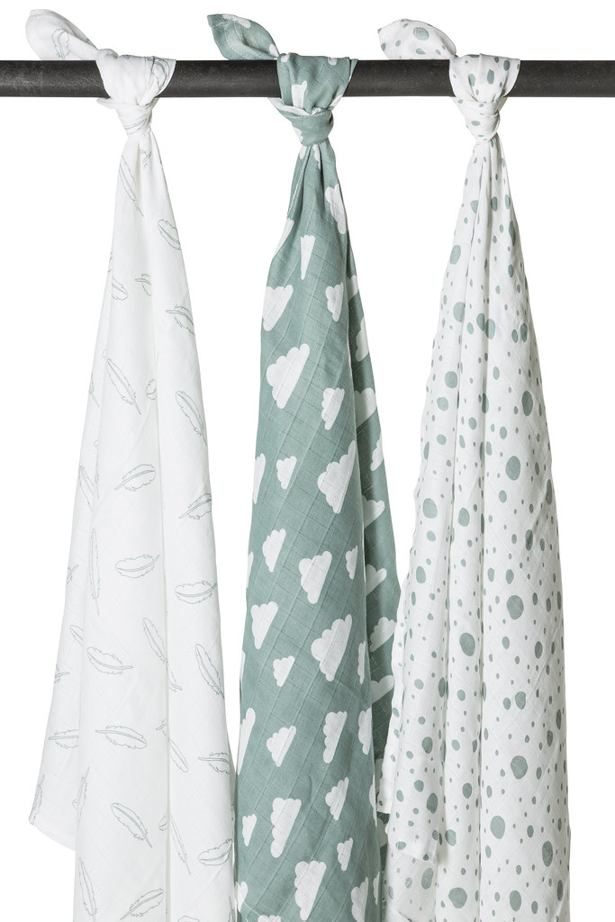 Swaddle  3er pack musselin Clouds/Dots/Feathers - stone green - 120x120cm