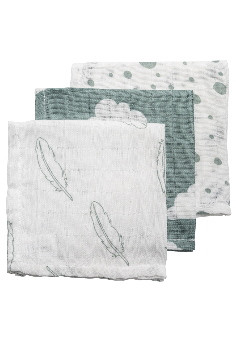 Monddoekjes 3-pack hydrofiel Clouds/Dots/Feathers - stone green - 30x30cm
