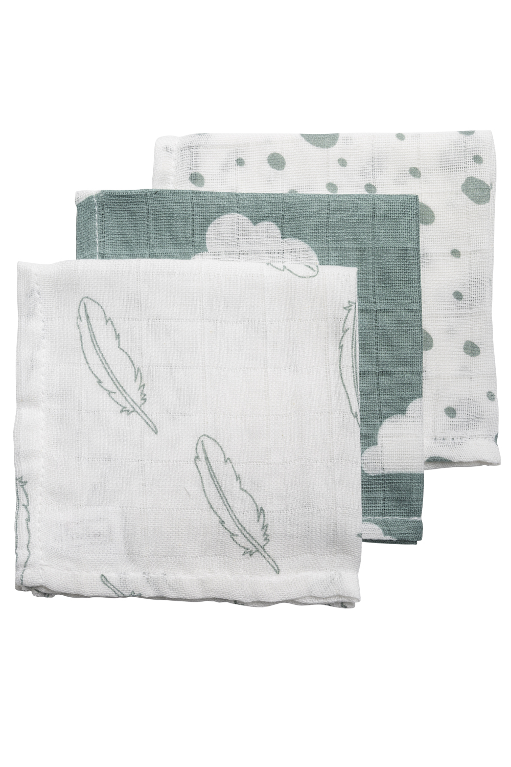 Facecloth 3-pack muslin Clouds/Dots/Feathers - stone green - 30x30cm