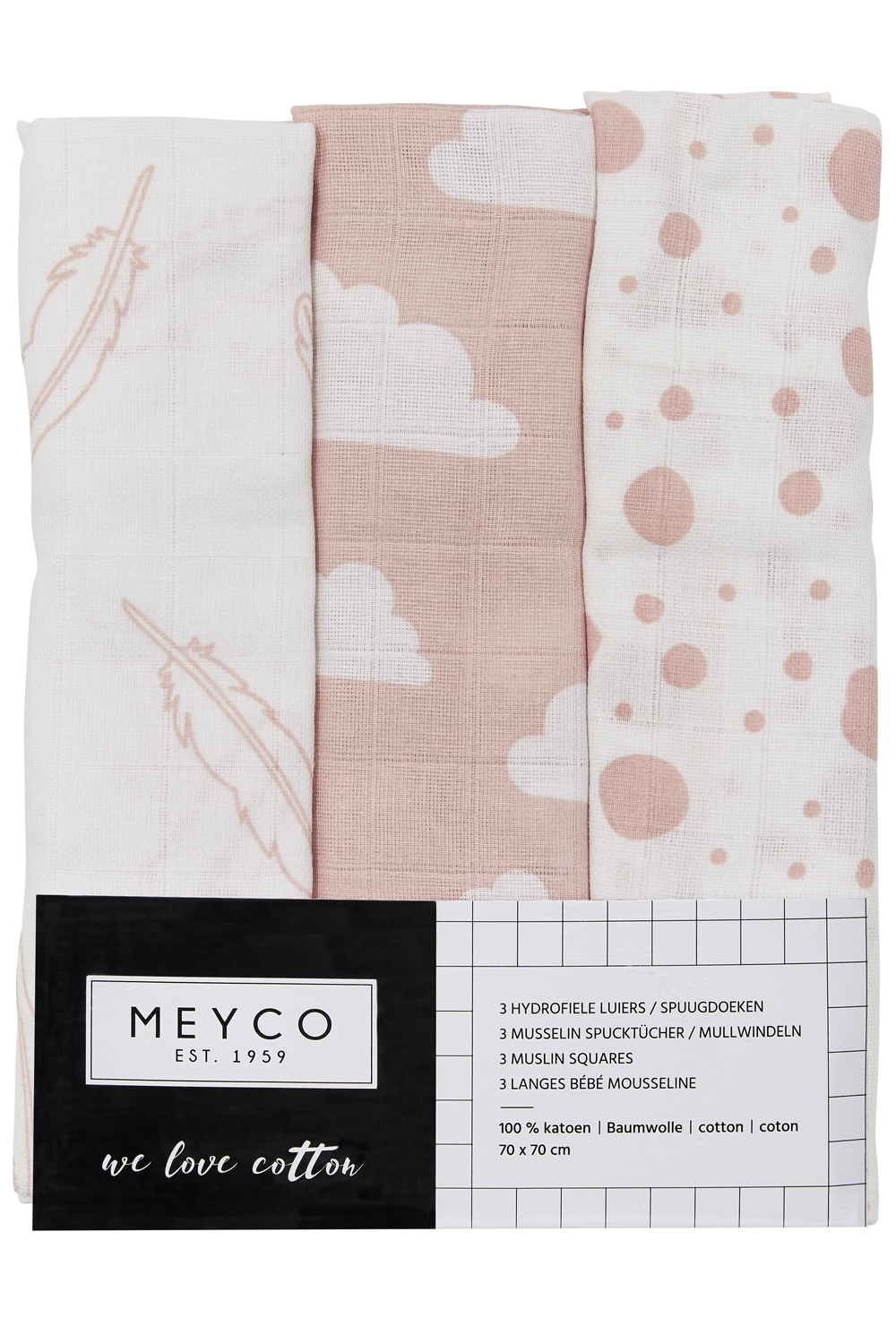 Hydrofiele doeken 3-pack Clouds/Dots/Feathers - pink - 70x70cm