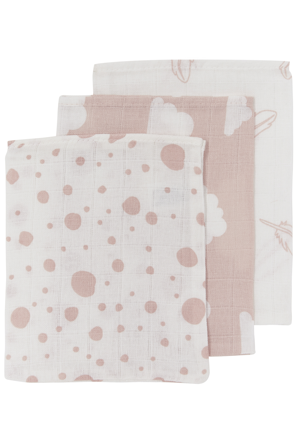 Muslin Wash Mitts 3-Pack Feathers-Clouds-Dots - Pink/White - 20X17cm