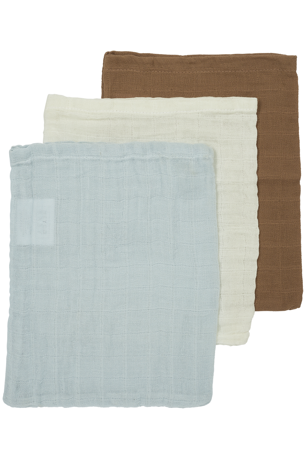 Waschhandschuhe 3er pack pre-washed musselin Uni - offwhite/light blue/toffee - 20x17cm