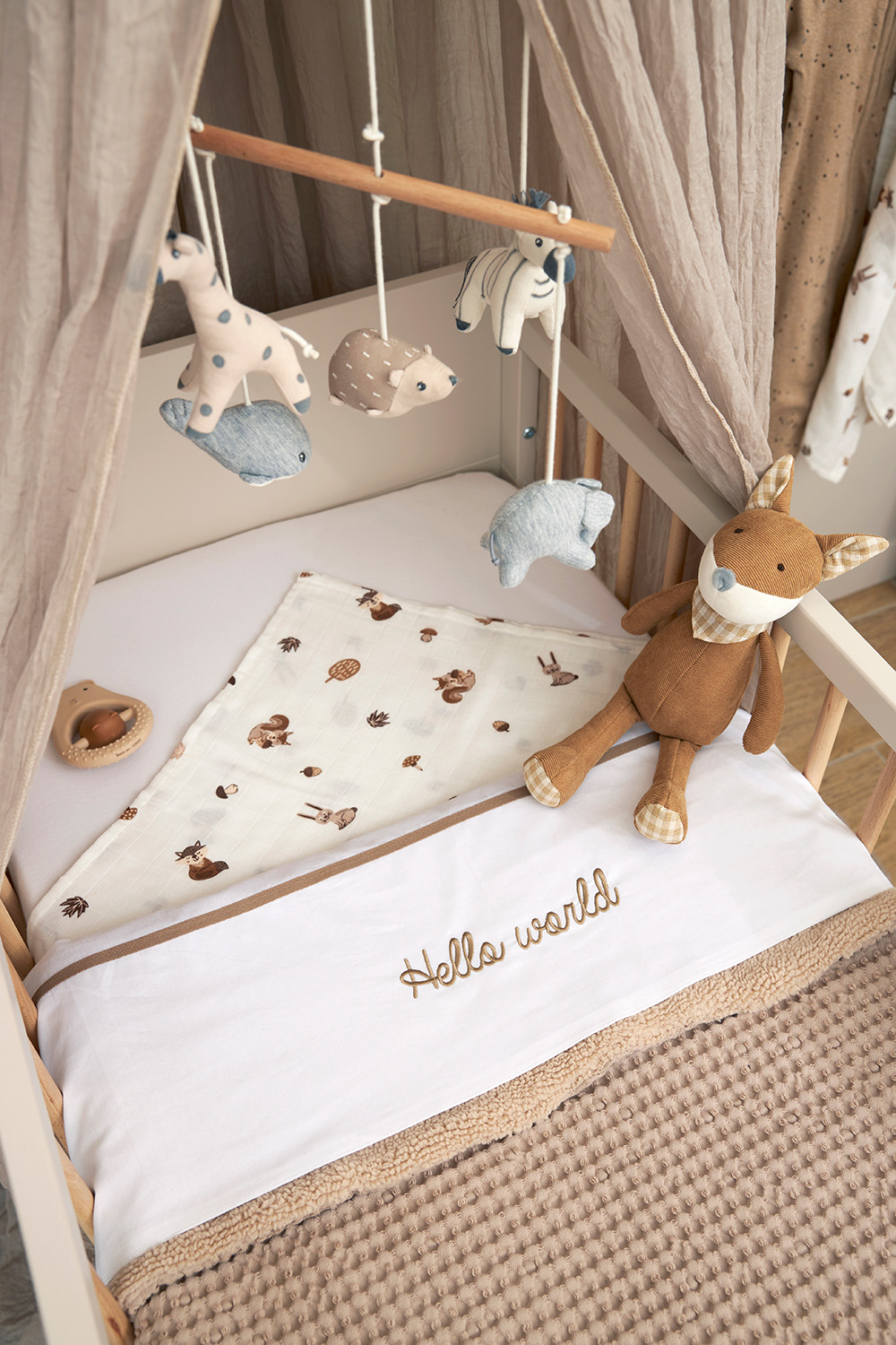 Cot bed sheet Hello World - taupe - 100x150cm