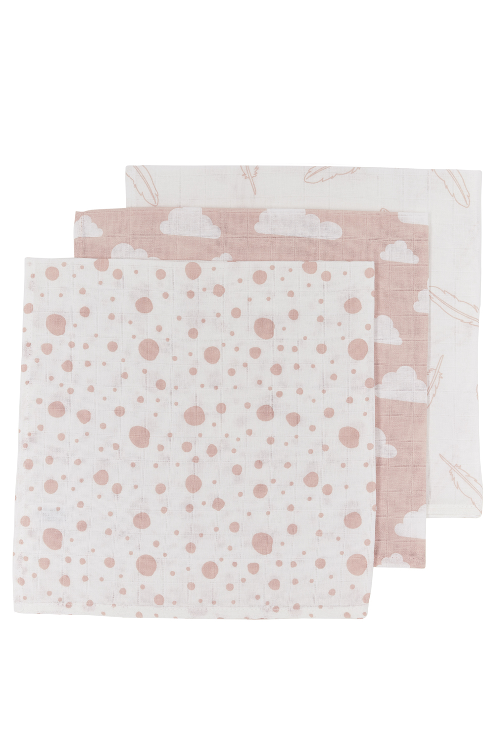 Facecloth 3-pack muslin Clouds/Dots/Feathers - pink - 30x30cm
