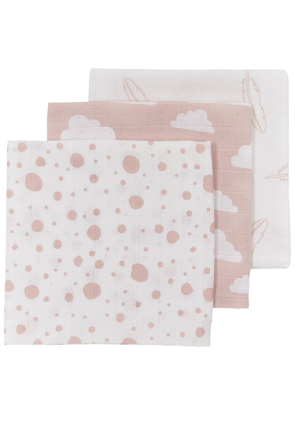 Hydrofiele doeken 3-pack Clouds/Dots/Feathers - pink - 70x70cm