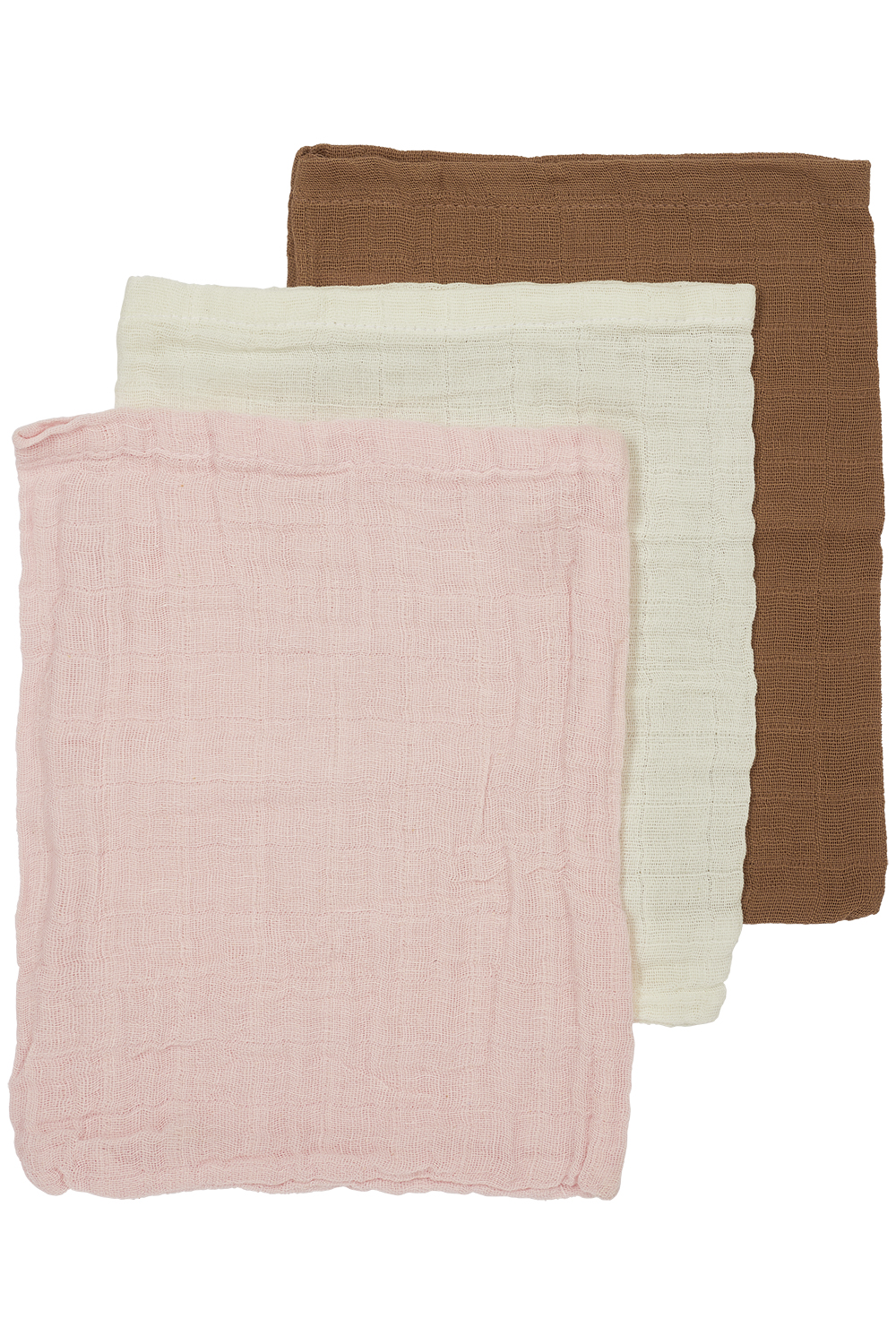 Washcloth 3-pack muslin Uni - offwhite/soft pink/toffee - 20x17cm
