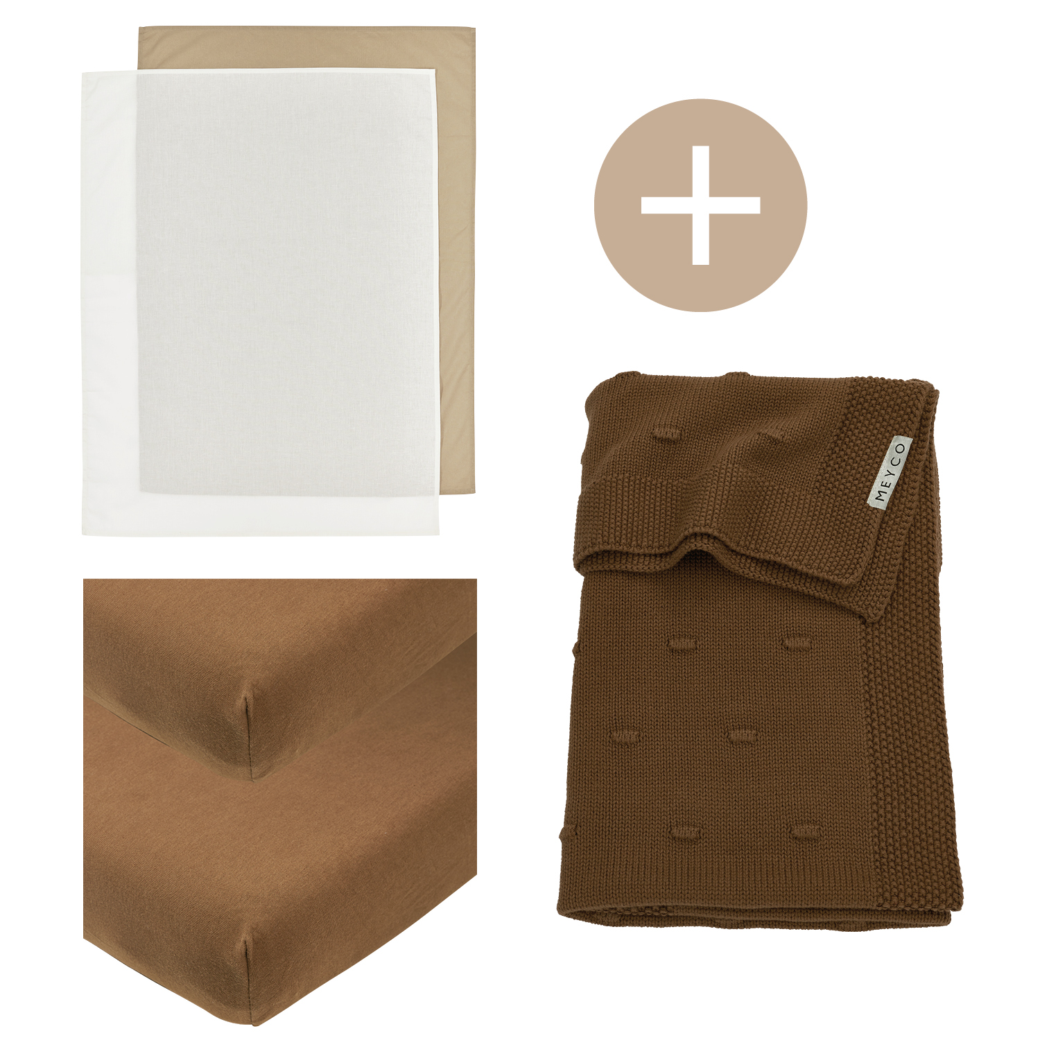 Ledikantdeken + 2-pack ledikantlakens + 2-pack hoeslakens ledikant Knots - chocolate - 100x150cm