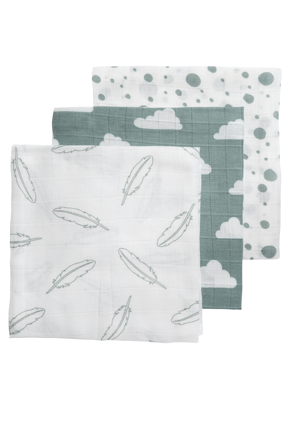 Musselin Mullwindeln 3er pack Clouds/Dots/Feathers - stone green - 70x70cm