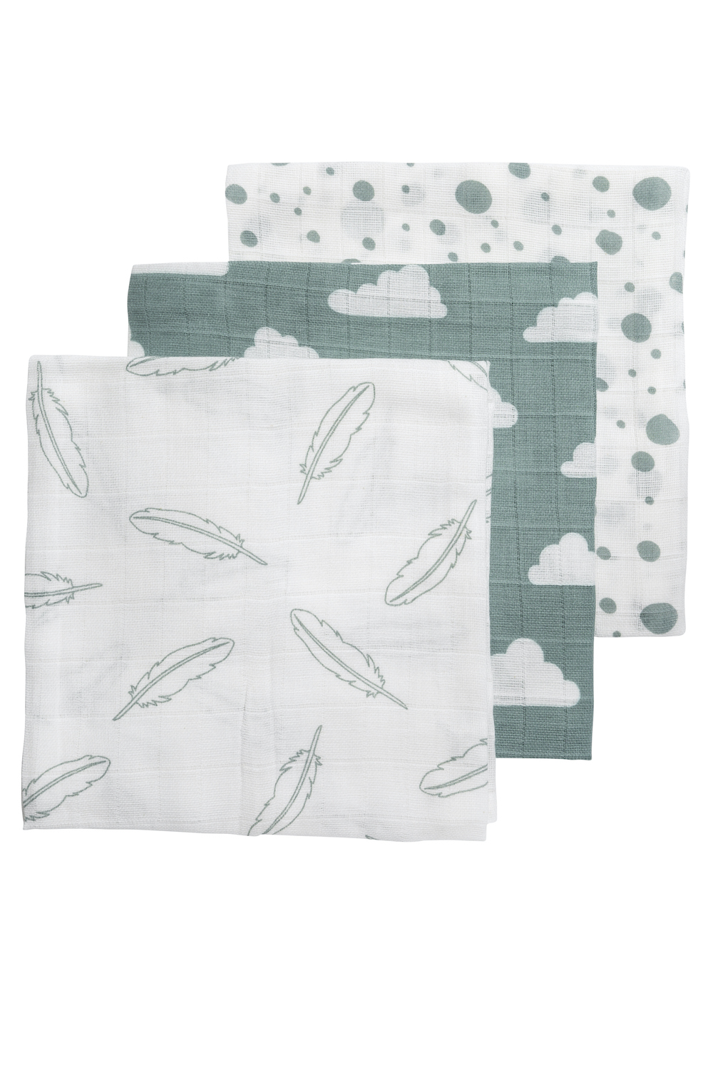 Hydrofiele doeken 3-pack Clouds/Dots/Feathers - stone green - 70x70cm