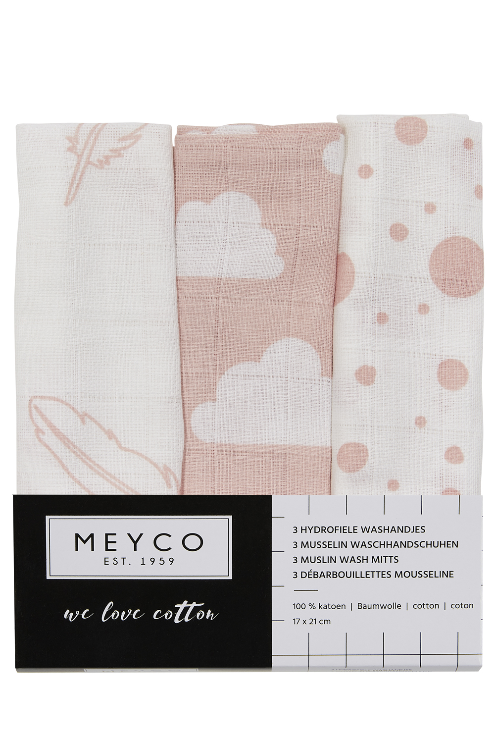Washandjes 3-pack hydrofiel Clouds/Dots/Feathers - pink - 20x17cm