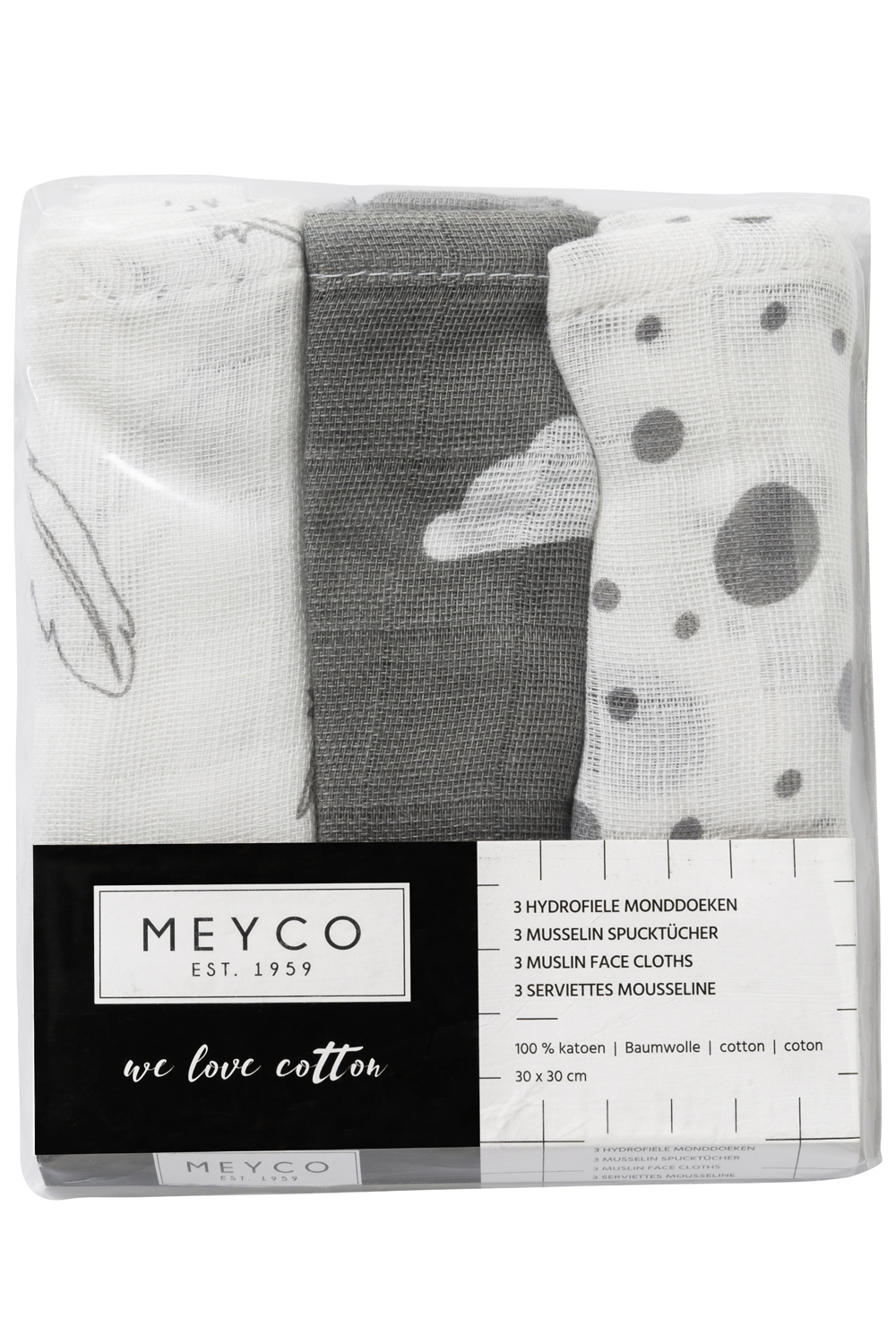 Monddoekjes 3-pack hydrofiel Clouds/Dots/Feathers - grey - 30x30cm
