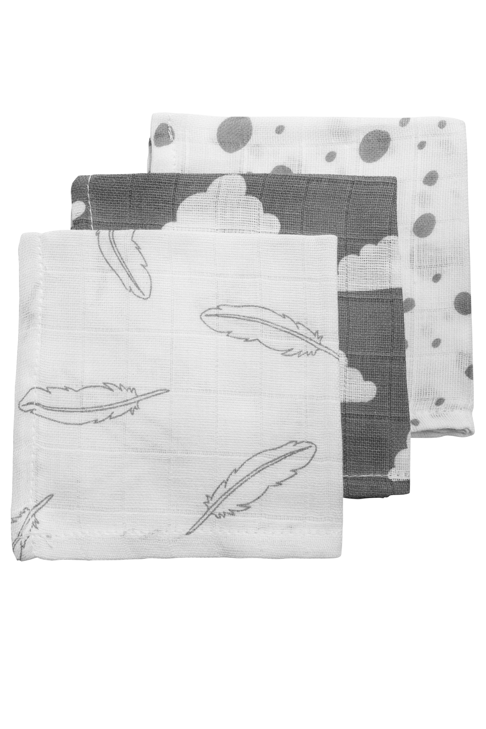 Monddoekjes 3-pack hydrofiel Clouds/Dots/Feathers - grey - 30x30cm