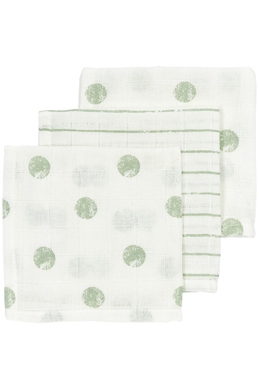 Muslin Face cloths 3-pack Dot Stripe - Soft Green - 30x30cm