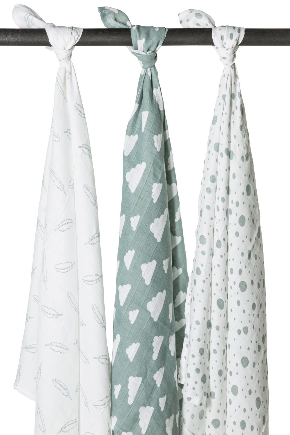 Musselin Swaddles 3-Pack Feathers-Clouds-Dots - Stone Green/Weiß - 120x120cm