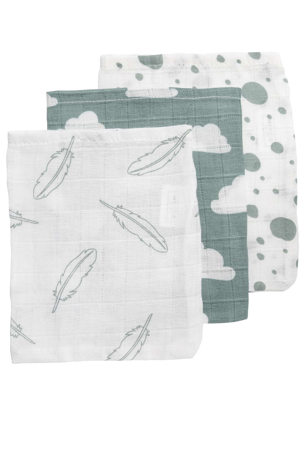 Washandjes 3-pack hydrofiel Clouds/Dots/Feathers - stone green - 20x17cm