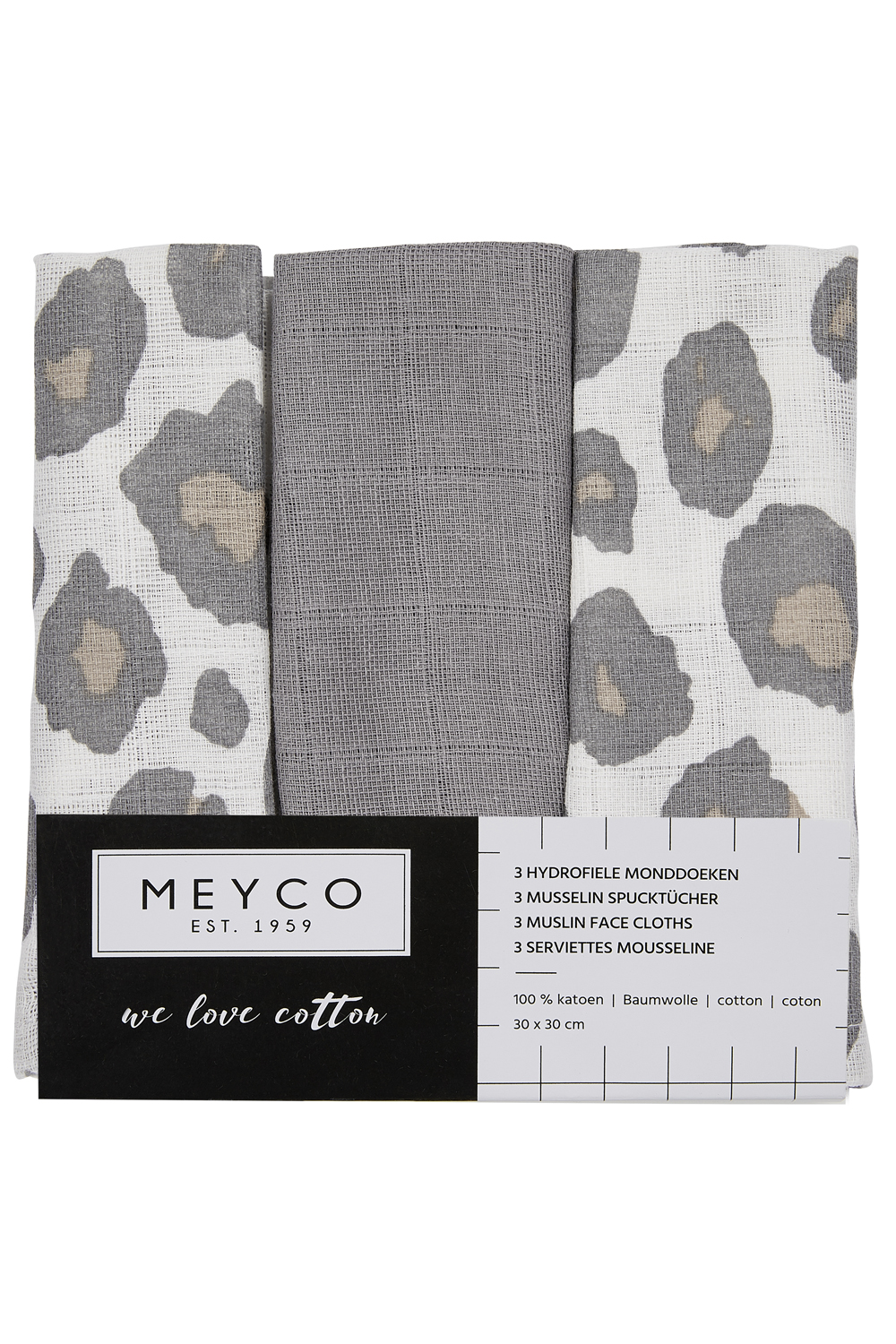 Facecloth 3-pack muslin Panther - neutral/grey - 30x30cm