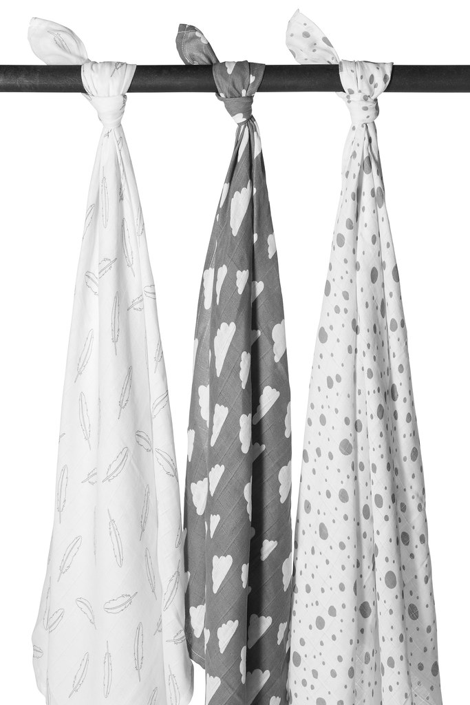 Swaddle 3-pack hydrofiel Clouds/Dots/Feathers - grey - 120x120cm