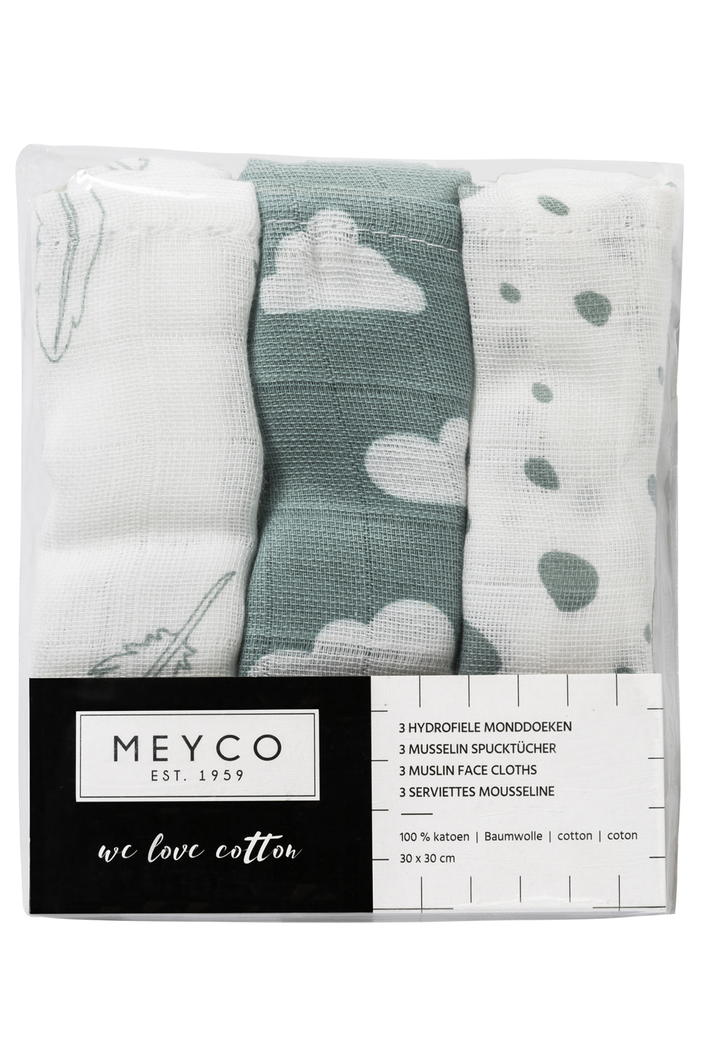 Monddoekjes 3-pack hydrofiel Clouds/Dots/Feathers - stone green - 30x30cm