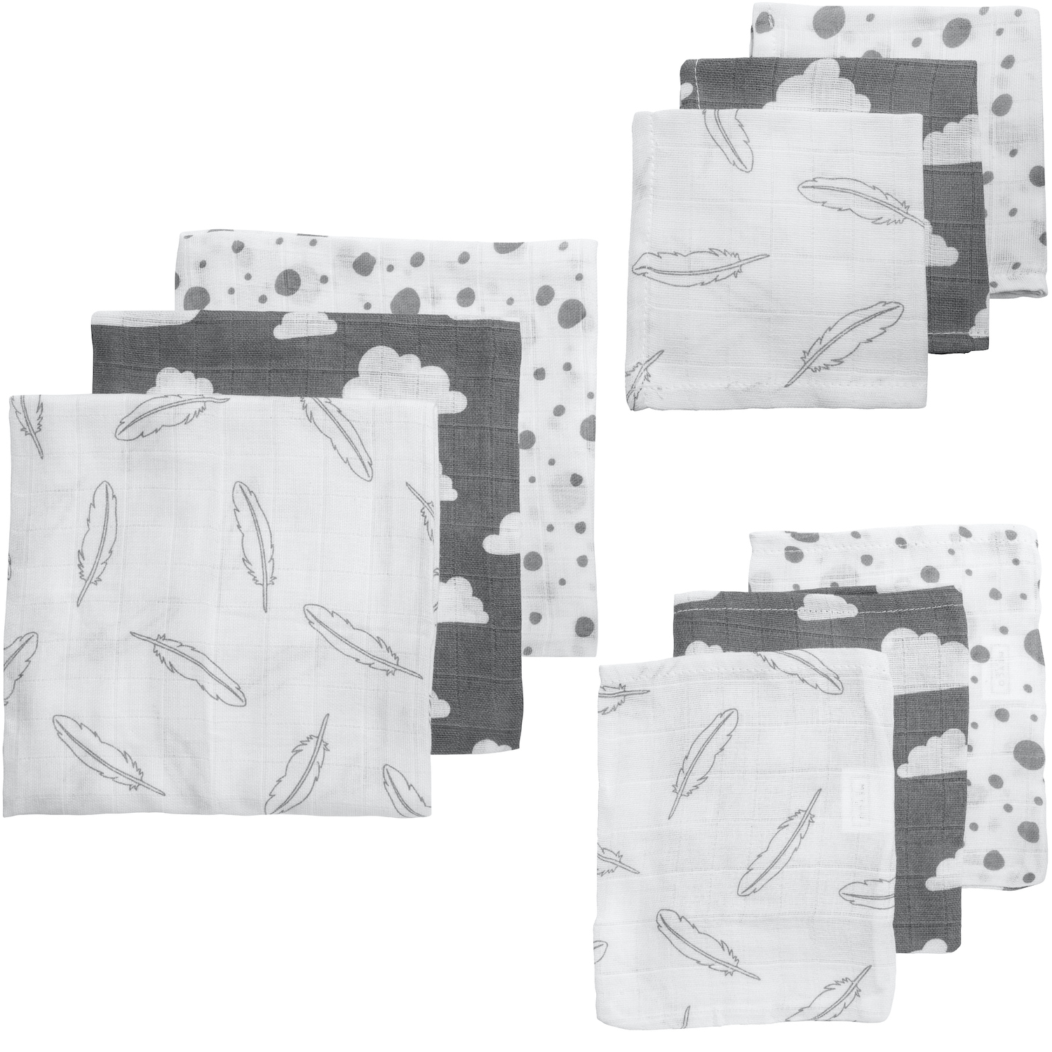 Starterset 9-pack hydrofiel Clouds/Dots/Feathers - grey