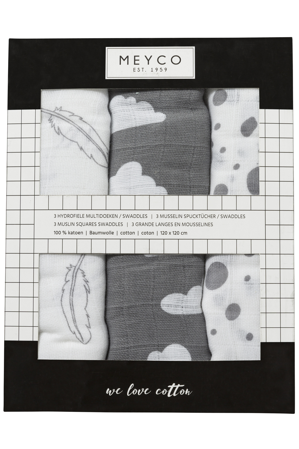 Hydrofiele Swaddles 3-Pack Feathers-Clouds-Dots - Grijs/Wit - 120x120cm