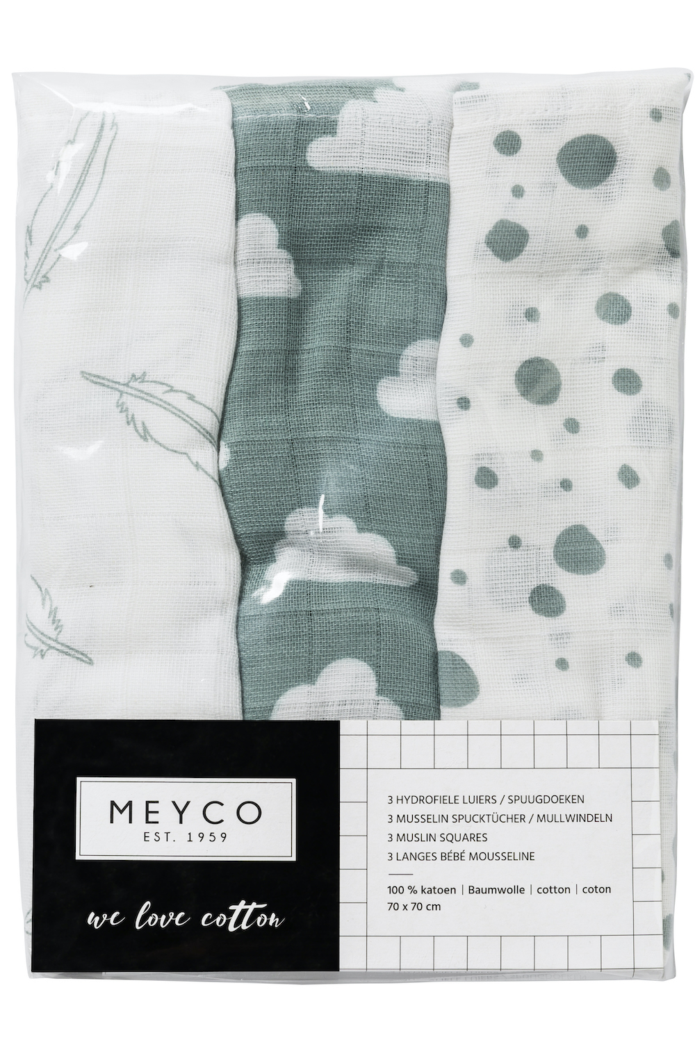 Hydrofiele doeken 3-pack Clouds/Dots/Feathers - stone green - 70x70cm