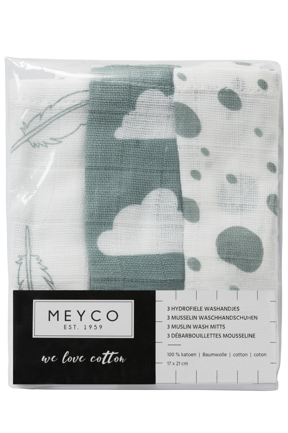 Washcloth 3-pack muslin Clouds/Dots/Feathers - stone green - 20x17cm