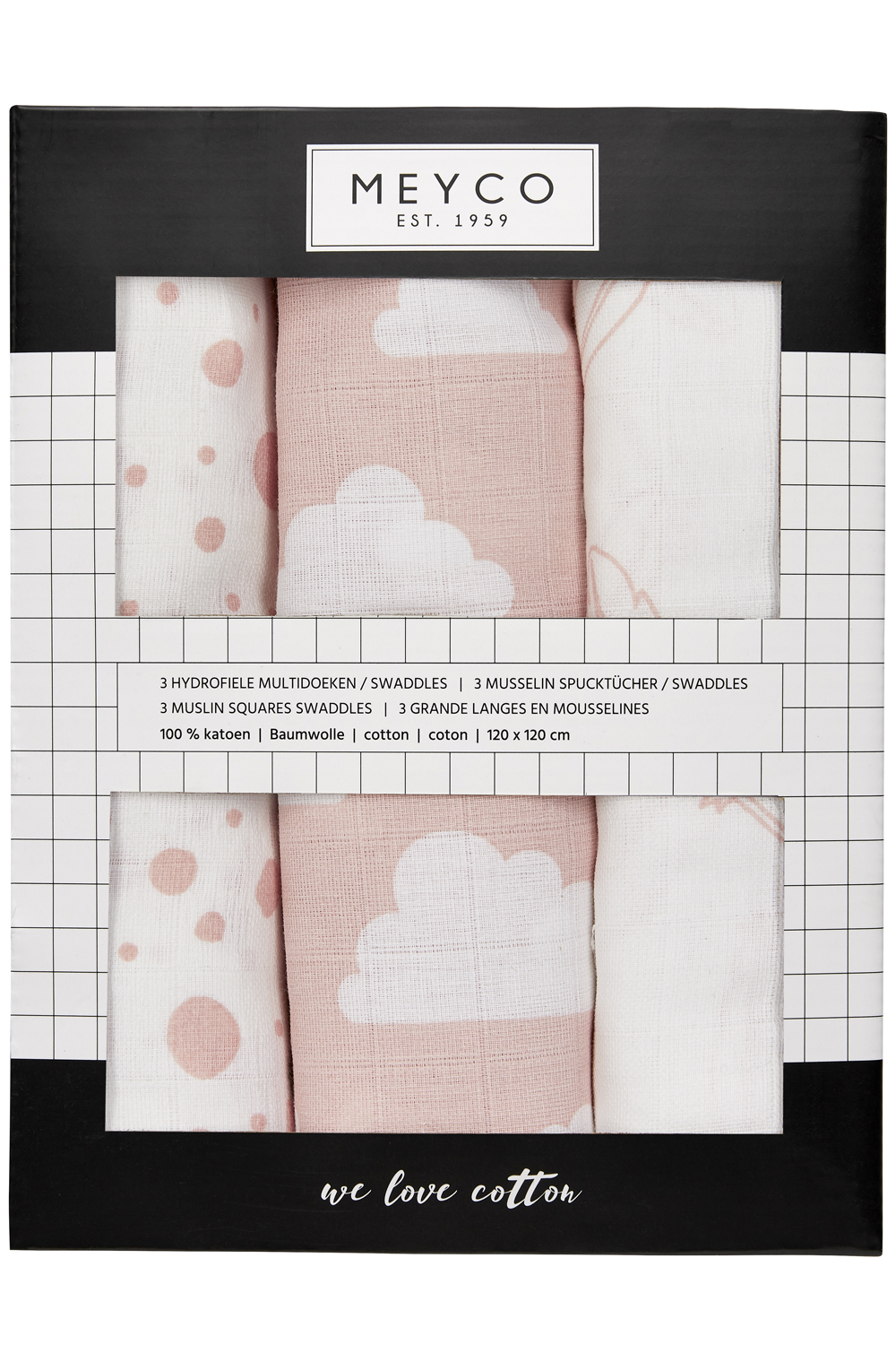 Musselin Swaddles 3-Pack Feathers-Clouds-Dots - Roze/Weiß - 120x120cm