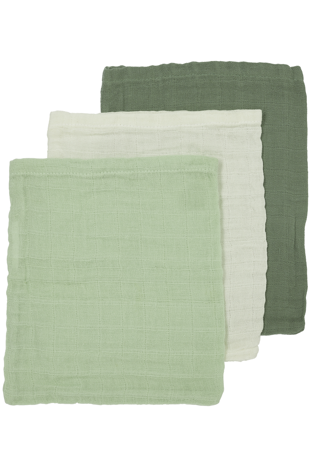 Washcloth 3-pack muslin Uni - offwhite/soft green/forest green - 20x17cm