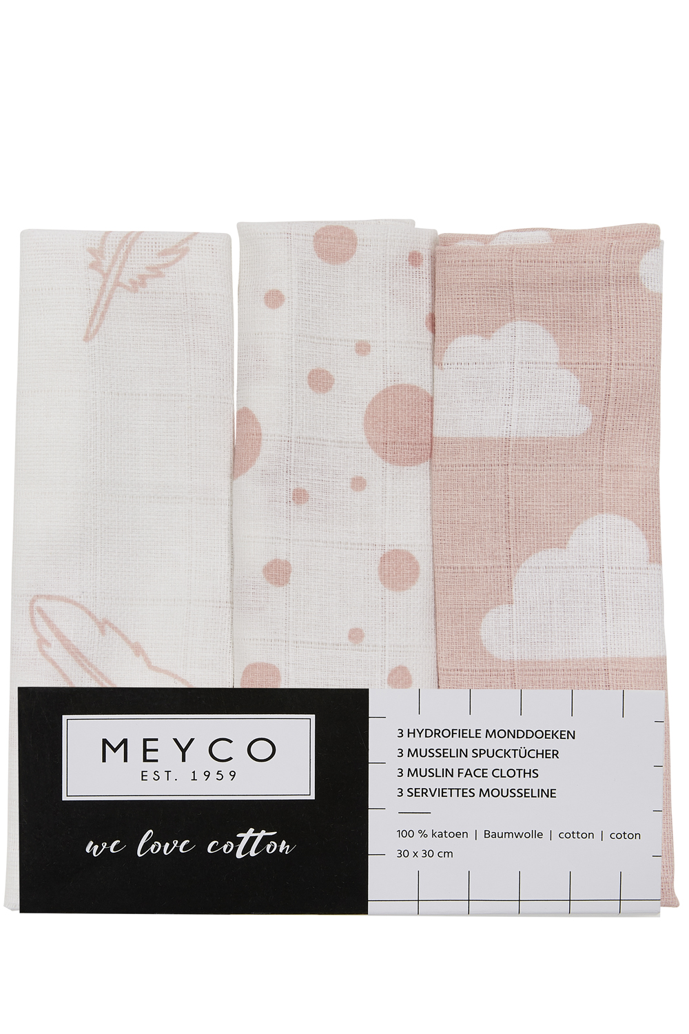 Monddoekjes 3-pack hydrofiel Clouds/Dots/Feathers - pink - 30x30cm