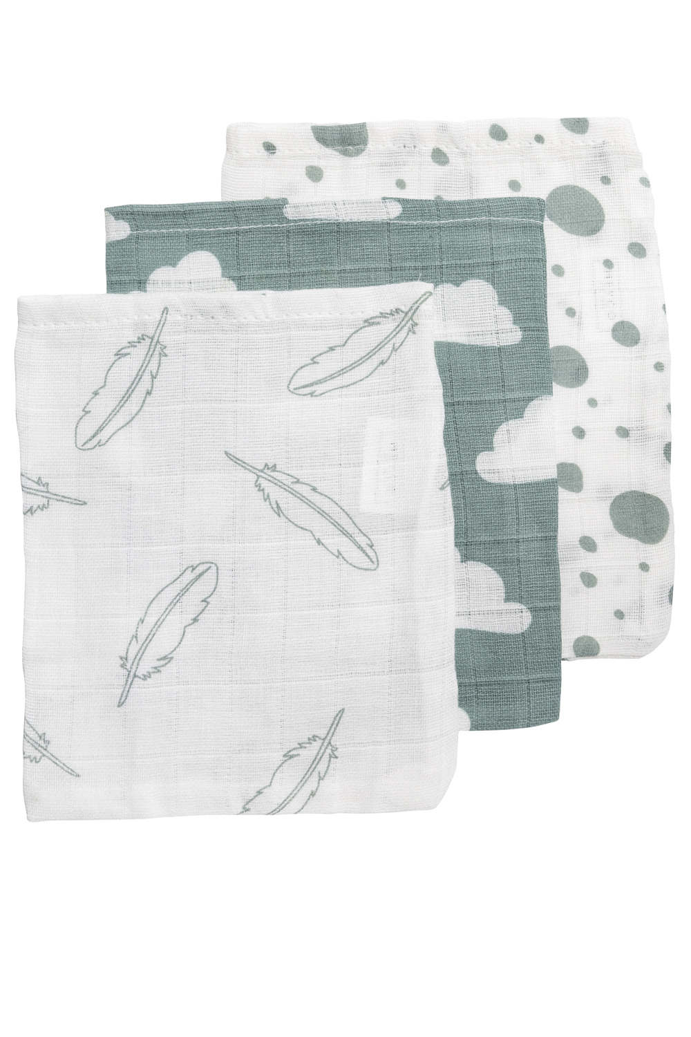 Hydrofiele Washandjes 3-Pack Feathers-Clouds-Dots - Stone Green/Wit - 20x17cm