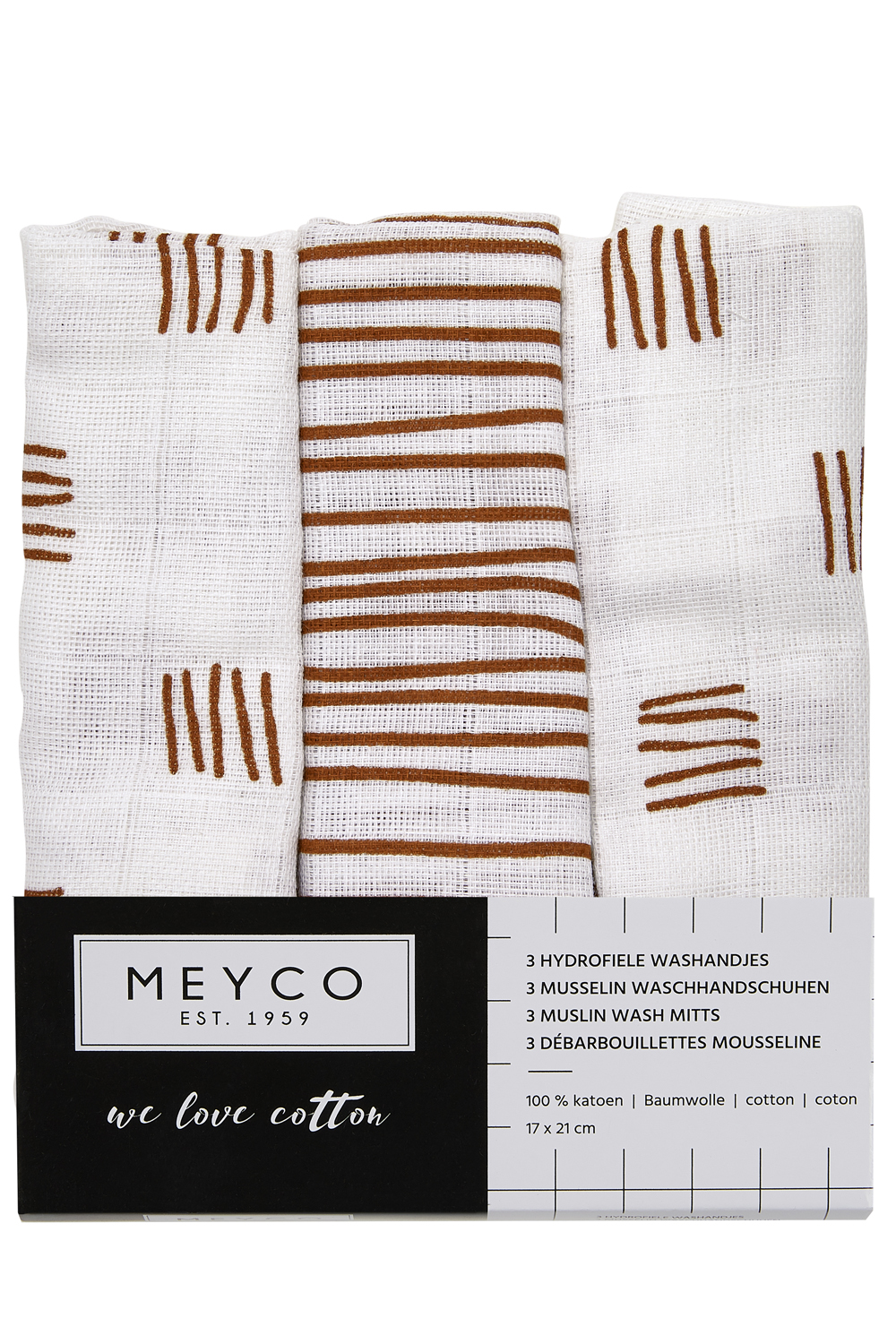 Washandjes 3-pack hydrofiel Block Stripe - camel - 20x17cm