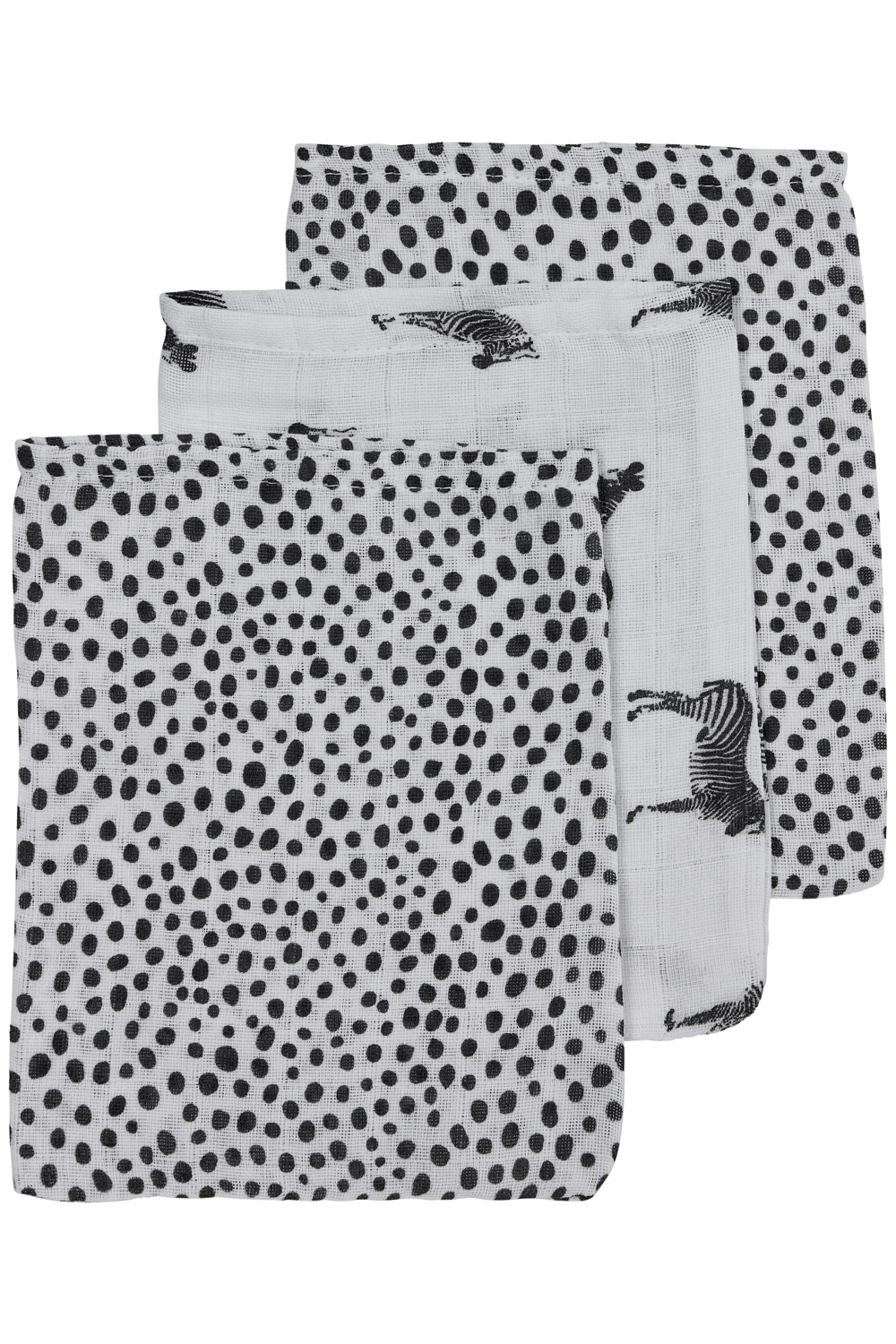 Musselin Waschhandschuhe 3-Pack  Zebra Animal/Cheetah - Black - 20x17cm