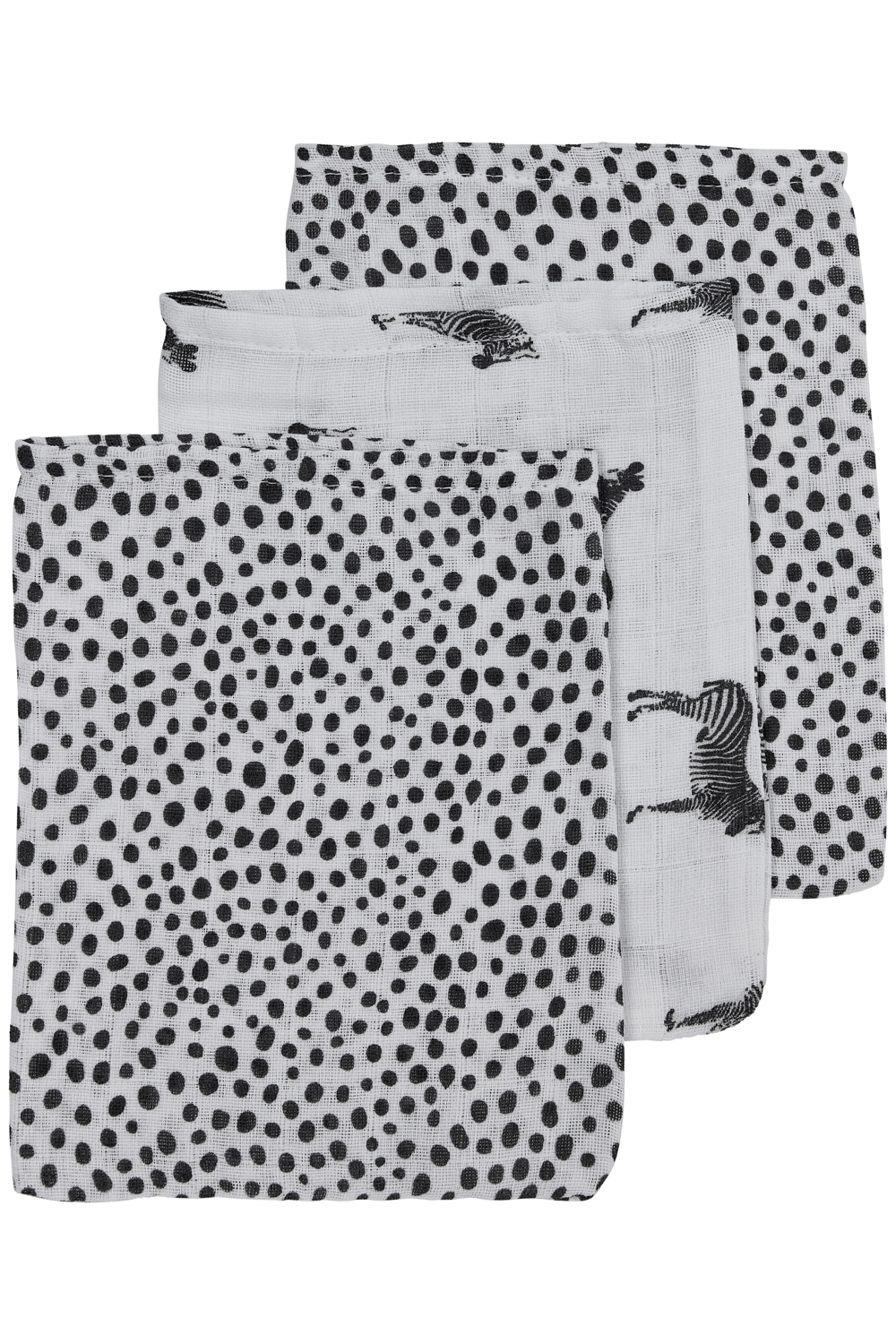 Muslin Wash Mitts 3-Pack  Zebra Animal/Cheetah - Black - 20X17cm