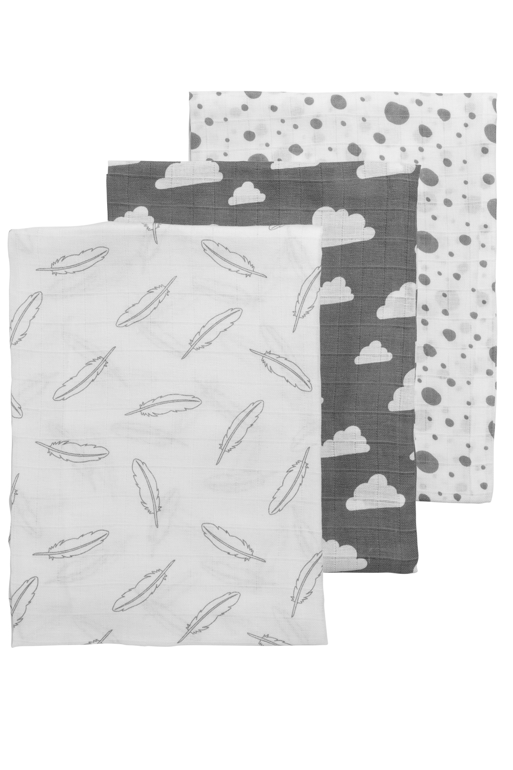 Hydrofiele Swaddles 3-Pack Feathers-Clouds-Dots - Grijs/Wit - 120x120cm