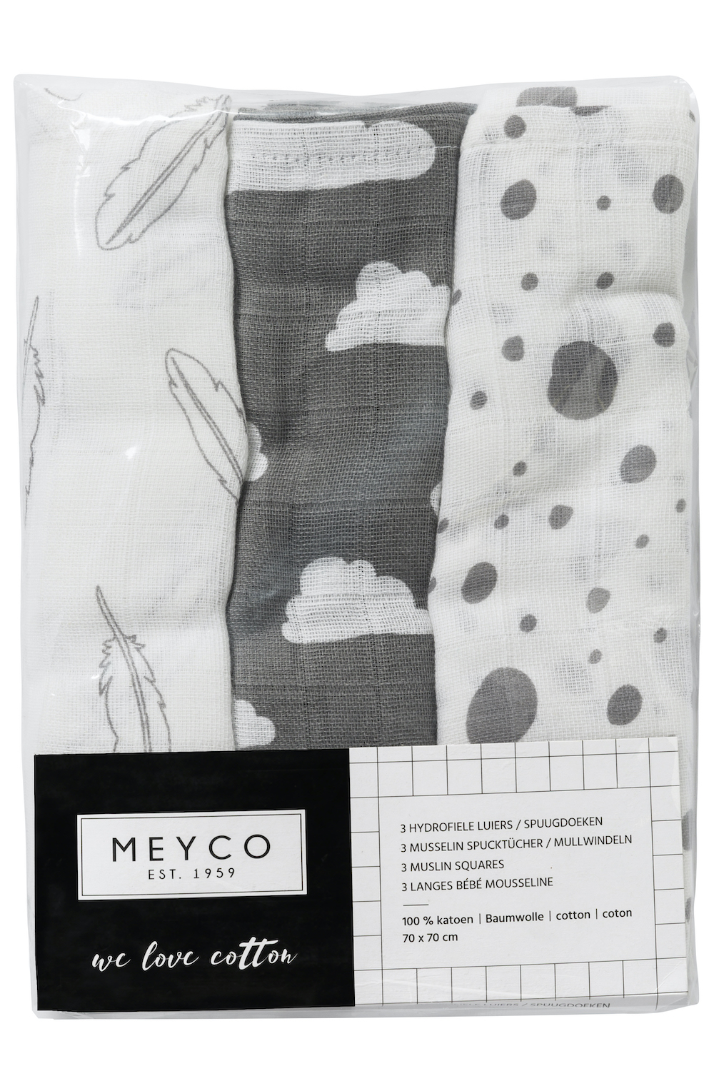 Hydrofiele doeken 3-pack Clouds/Dots/Feathers - grey - 70x70cm