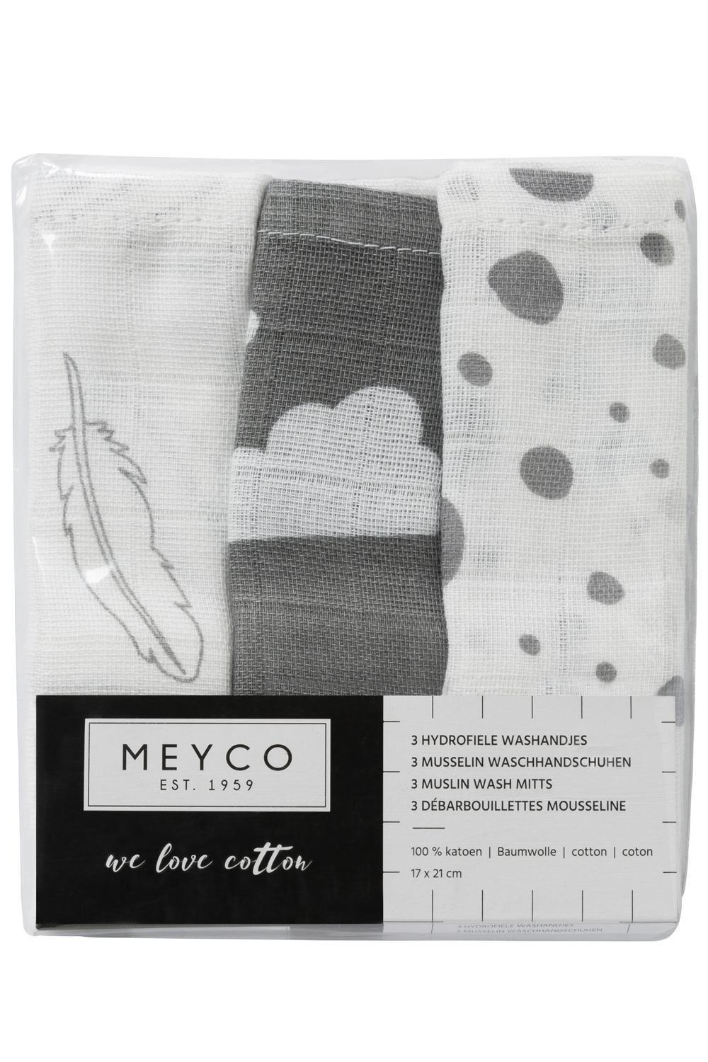 Washandjes 3-pack hydrofiel Clouds/Dots/Feathers - grey - 20x17cm