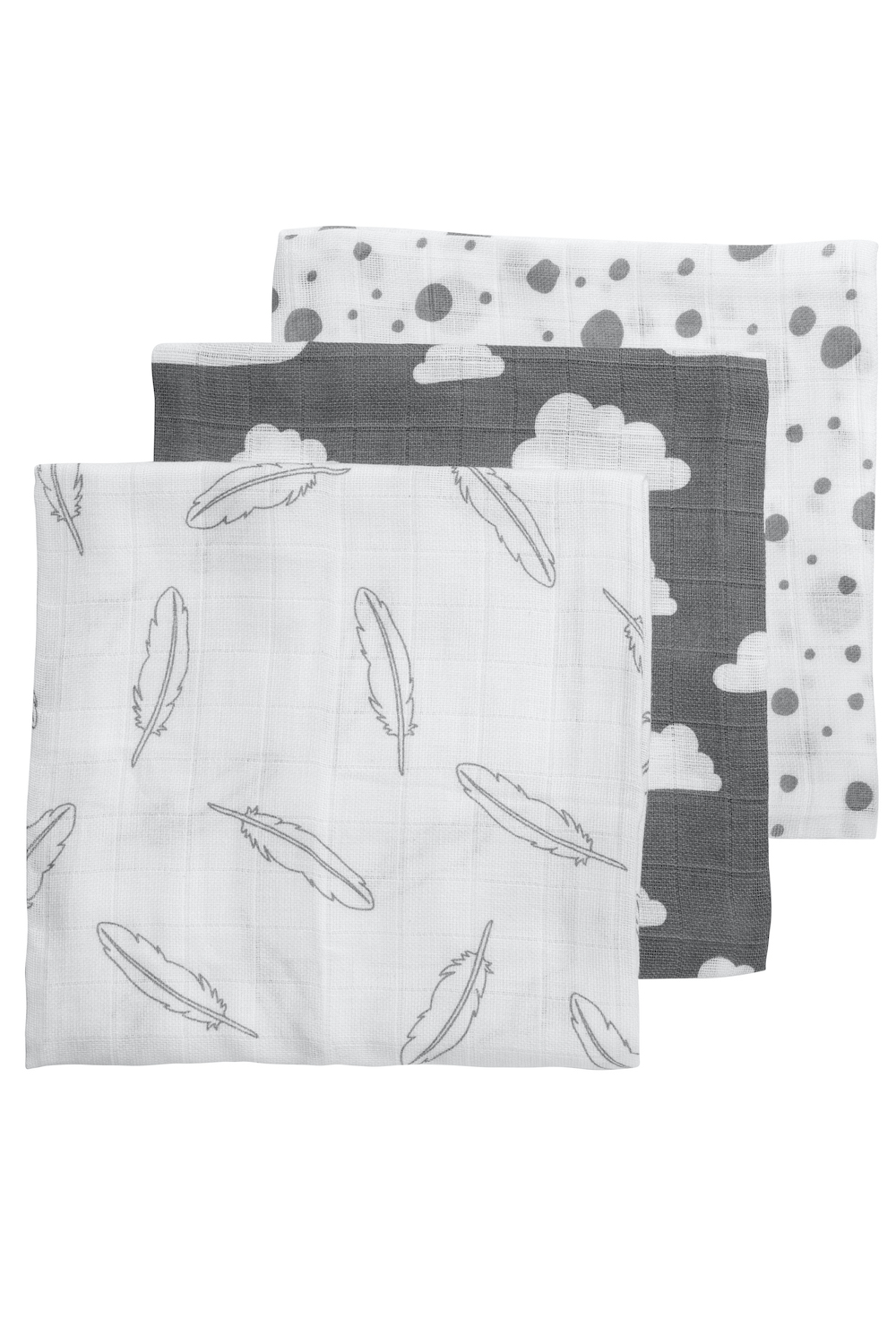Hydrofiele doeken 3-pack Clouds/Dots/Feathers - grey - 70x70cm